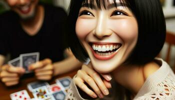 A close-up of a woman with fair skin and short, straight black hair, laughing wholeheartedly while playing cards with friends.. Generative AI photo