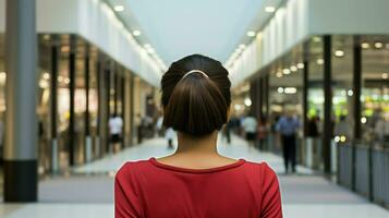 joven asiático mujer caminando en un compras centro comercial. generativo ai foto