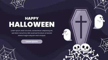 Happy Halloween banner and background with copy space area.Background with Pumpkin ghost, white spider web, skulls, and spooky coffins.vector illustration vector