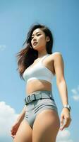 Young asian beautiful sporty woman in shorts young asian beauty bottom shot photo. Generative AI photo