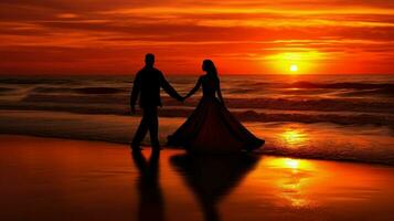 A romantic silhouette of a couple against a fiery sunset.. Generative AI photo