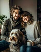 un familia posando felizmente dentro el casa con su perro. generativo ai foto