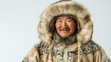 An eskimo wearing traditional clothes. Generative AI photo