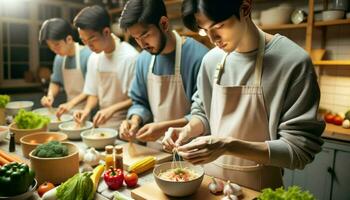 A group learning to cook, with one person carefully garnishing a dish.. Generative AI photo