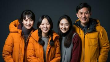 un familia de cuatro de asiático descendencia sonriente juntos.. generativo ai foto