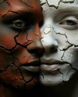 Two women depicted with cracked faces and skin.. Generative AI photo