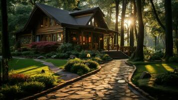 A large wooden cabin surrounded by trees during golden hour.. Generative AI photo