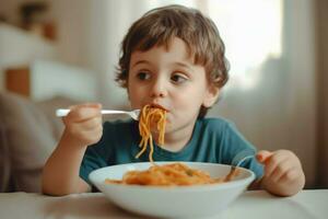 Boy eat italian spaghetti. Generate Ai photo