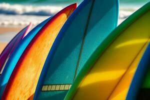 Surfboard colorful beach. Generate Ai photo