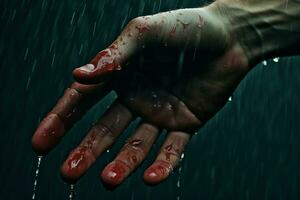 Physical Closeup hand in rain. Generate Ai photo