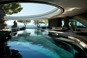 Expansive Futuristic pool villa. Generate Ai photo