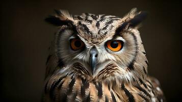 Close up of owl face studio shot. AI Generated. photo