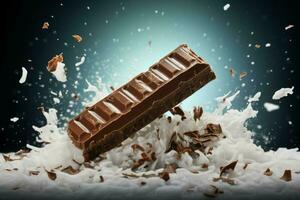 Broken chocolate bar with yummy coconut flakes break. Generate Ai photo