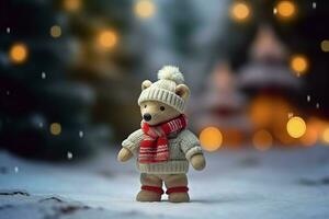 Small winter teddy bear in warm clothes. Generate ai photo