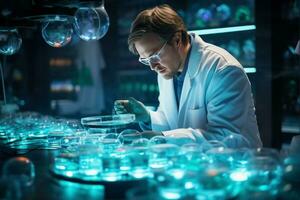 Scientist working in protection glasses with petri dishes in laboratory. Generate Ai photo