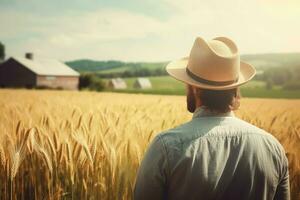 American farmer wheat field standing. Generate Ai photo