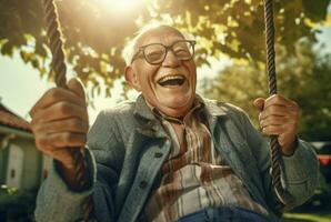 Happy delighted elderly man on swing. Generate ai photo