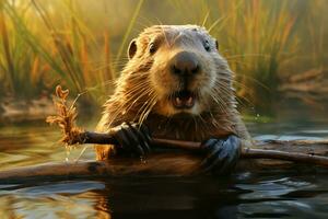 Resourceful Beaver river animal wild. Generate Ai photo