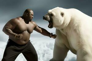 Fat man fight bear. Generate Ai photo