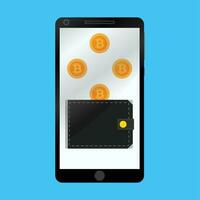 Wallet for crypto bitcoin in smartphone isolated flat. Personal wallet bitcoin on phone, vector technology currency illustration