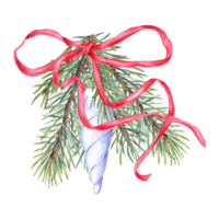 Xmas glass icicle blue toy, Christmas tree branch. Winter bouquet decorated red ribbon. Fresh green spruce. Design element. Watercolor illustration for New Year cards, greetings png