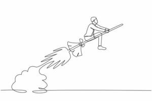 Single continuous line drawing businessman riding broom rocket flying in the sky. Miraculous startup business launch. Unique products offered in market competition. One line design vector illustration