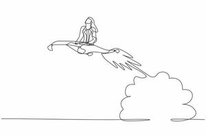 Single one line drawing businesswoman riding magic carpet rocket flying in the sky. Launch new textile business. Acceleration or increase sales growth. Continuous line draw design vector illustration