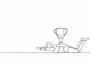 Continuous one line drawing stressed robot under heavy trophy burden. Robot fail to achieve goals. Delayed operation at factory. Future robotic development. Single line draw design vector illustration