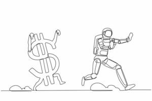 Single continuous line drawing astronaut being chased by dollar symbol. Afraid with economic or financial crisis in spaceship company. Cosmonaut deep space. One line graphic design vector illustration