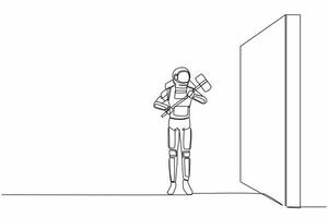 Single one line drawing astronaut standing and holding big hammer while facing wall in moon surface. Space company development. Cosmic galaxy space. Continuous line graphic design vector illustration