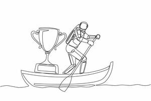 Single continuous line drawing young astronaut sailing away on boat with trophy. Victory and rewards for space exploration missions. Cosmonaut deep space. One line graphic design vector illustration