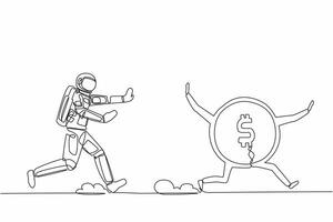 Single continuous line drawing young astronaut run chase dollar coin in moon surface. Exploration of space that requires large funds. Cosmonaut deep space. One line design vector graphic illustration