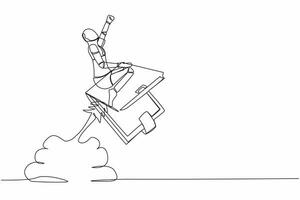 Continuous one line drawing robot riding wallet rocket flying in the sky. Financial planning at tech business. Humanoid robot cybernetic organism. Single line draw design vector graphic illustration