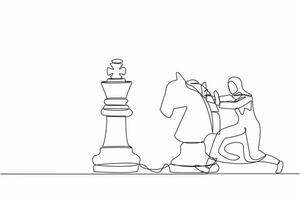 Single continuous line drawing attractive Arab businesswoman push huge horse chess piece to beat king. Strategic thinking and smart move in business play game. One line draw design vector illustration