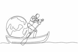 One continuous line drawing artificial robot standing in boat and sailing with earth globe. Taking trip around the world by ship. Tourism or travelling. Single line graphic design vector illustration