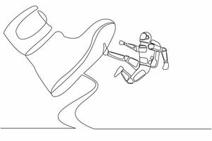 Continuous one line drawing young astronaut kick giant foot stomp in moon surface. Spaceman doing flying kick to big boot. Cosmonaut outer space concept. Single line graphic design vector illustration