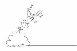 Single continuous line drawing businessman riding key rocket flying in the sky. Discover key success, unlock secret creativity to achieve business target. One line graphic design vector illustration