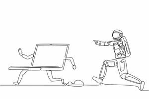 Single one line drawing astronaut run chase laptop computer in moon surface. Spacecraft technology and science fiction planning. Cosmic galaxy space. Continuous line graphic design vector illustration