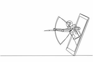 Single continuous line drawing astronaut with bow and arrow getting out of smartphone screen. Online archery game with live mobile app. Cosmonaut deep space. One line draw design vector illustration