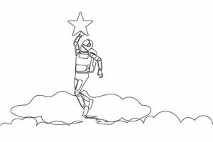 Continuous one line drawing young astronaut reaching star on the sky. Business champion to get reward in spaceship industry. Cosmonaut outer space. Single line draw graphic design vector illustration