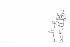 Continuous one line drawing happy robot standing with raised one leg and doing yes gesture. Humanoid cybernetic organism. Future robot development. Single line draw graphic design vector illustration