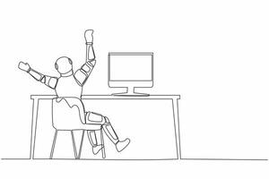 Single one line drawing back view of happy astronaut completed task and triumphing with raised hand on desk. Success space company. Cosmic galaxy space. Continuous line draw design vector illustration