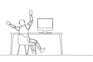 Single one line drawing back view of happy astronaut completed task and triumphing with raised hand on desk. Success space company. Cosmic galaxy space. Continuous line draw design vector illustration