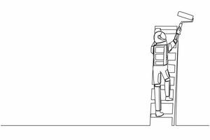 Single one line drawing astronaut painter standing on ladder and paints wall in future home. Ability to repair operating system. Cosmic galaxy space. Continuous line graphic design vector illustration