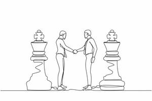 Single continuous line drawing two businessmen shaking hands together while standing between of king chess pieces. Entrepreneur leader metaphor of agreement. One line draw design vector illustration