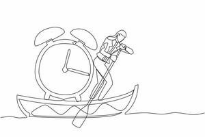 Single continuous line drawing businesswoman sailing away on boat with alarm clock. Time management in business project deadline. Success business concept. One line graphic design vector illustration