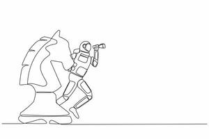 Continuous one line drawing of astronaut standing on horse chess piece using telescope to see galactic vision. Strategy in space industry. Cosmonaut outer space. Single line design vector illustration