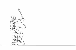 Continuous one line drawing competitive businesswoman riding big horse chess piece with sword. Business challenge for winning competition, achievement goal. Single line draw design vector illustration