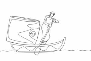 Continuous one line drawing rich Arab businessman sailing away on boat with purse. Financial planning strategy for personal use. Money management. Single line draw design vector graphic illustration