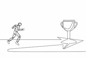 Continuous one line drawing astronaut running to reach golden trophy. Space scientist direction to get intellectual purpose. Cosmonaut outer space. Single line draw graphic design vector illustration